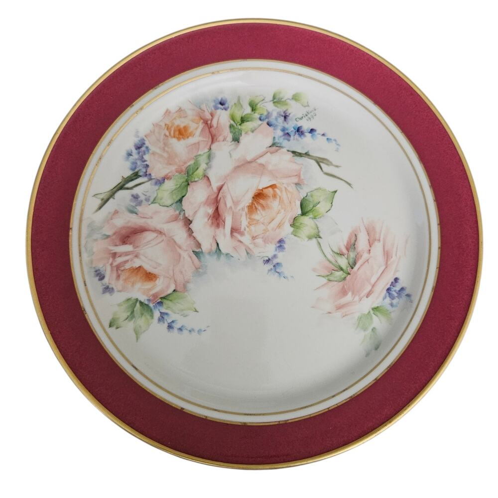 Vintage Shenango China Pink Roses Burgundy Gold Trim Dinner Plate